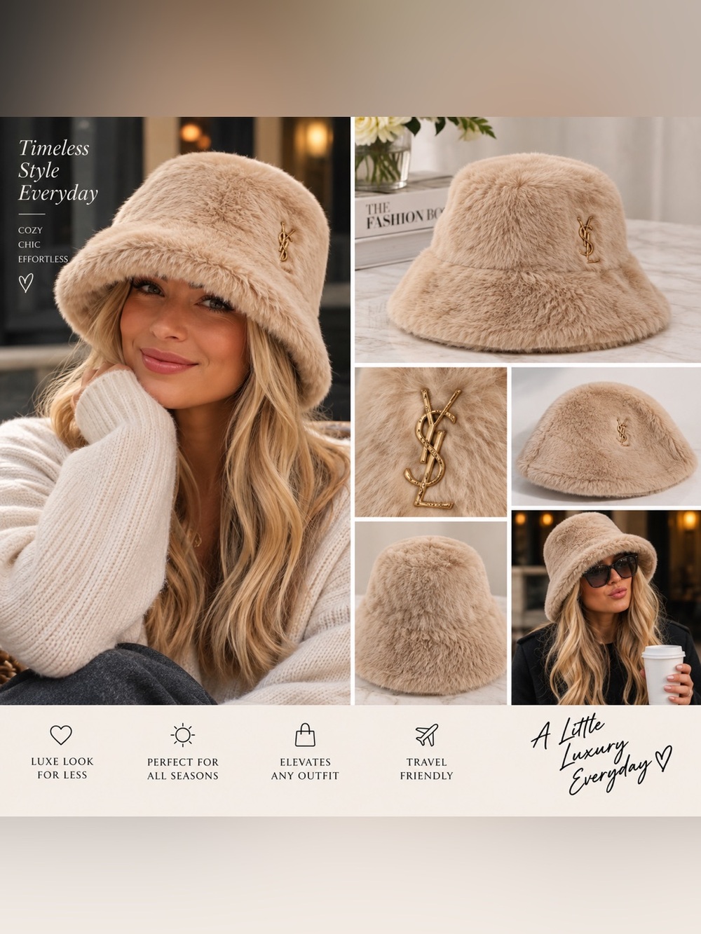 Source Unknown Beige Faux Fur Bucket Hat with Gold Logo Pin